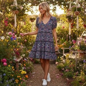 Wild Fable Floral Tiered Babydoll Mini Dress V-Neck Cottagecore Boho Fairy Small